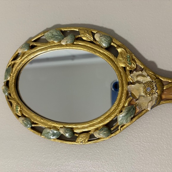 Vintage Ornate Hand Mirror Floral Art Nouveau Gilt Metal Vanity Decor - Picture 9 of 9